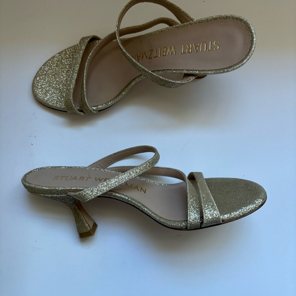 STUART WEITZMAN PATRON GLITTER GOLD STRAPPY SLIDE SANDAL CURVE HEEL Sz 6 - Picture 3 of 6